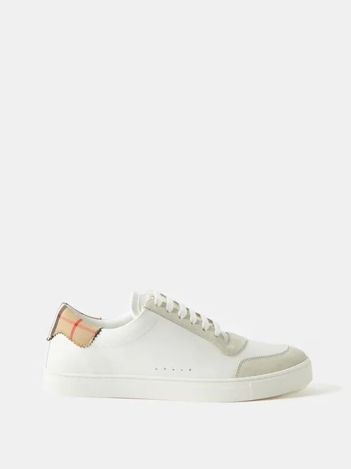 Checked-panel Leather Trainers - Mens - White