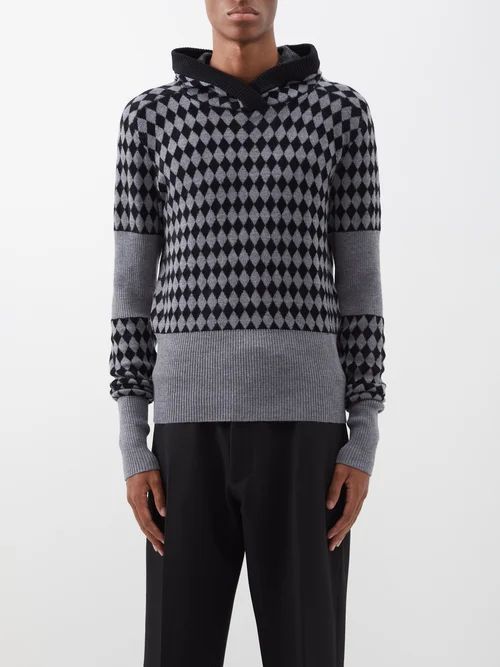 Argyle-knit Wool-blend Hoodie - Mens - Black Grey