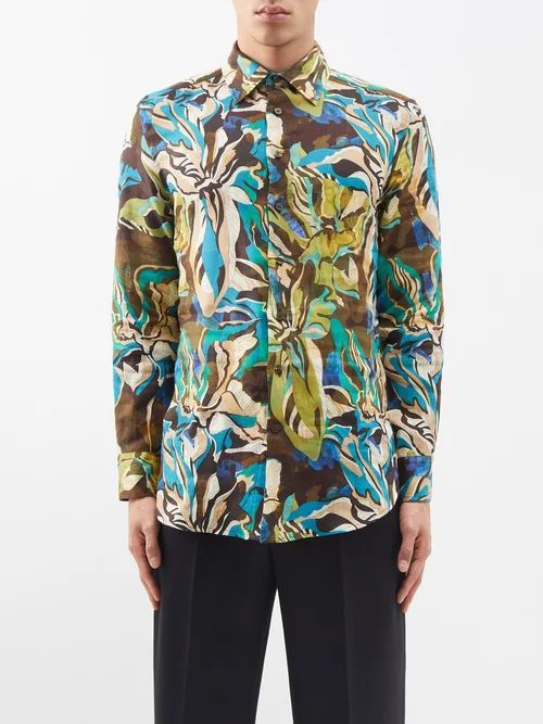 Botanical-print Linen Shirt - Mens - Green Multi
