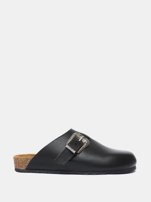 Buckled Backless Leather Loafers - Mens - Black