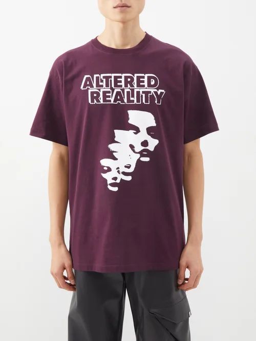 Altered Reality-print Cotton-jersey T-shirt - Mens - Burgundy