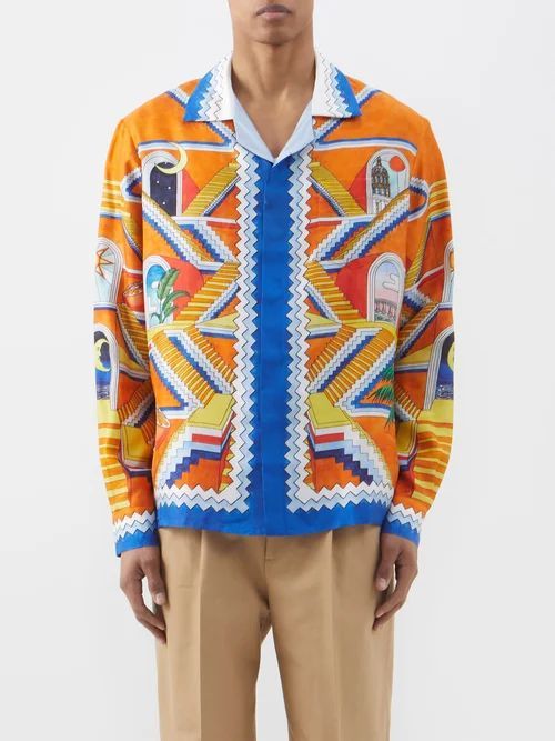 Cuban-collar Printed-silk Long-sleeved Shirt - Mens - Orange Multi