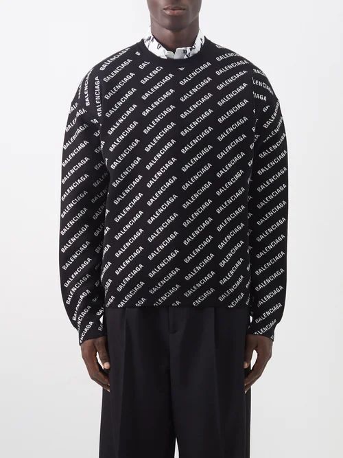 Logo-jacquard Cotton-blend Sweater - Mens - Black White