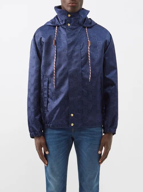 GG-jacquard Nylon Hooded Jacket - Mens - Navy