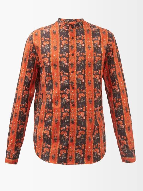 Floral-print Cotton-lawn Shirt - Mens - Orange Multi