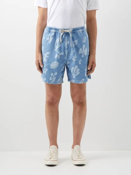 Abstract-print Denim Shorts - Mens - Blue