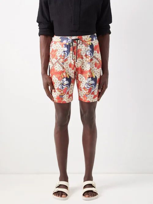Cherry Blossom-print Twill Shorts - Mens - Red Multi