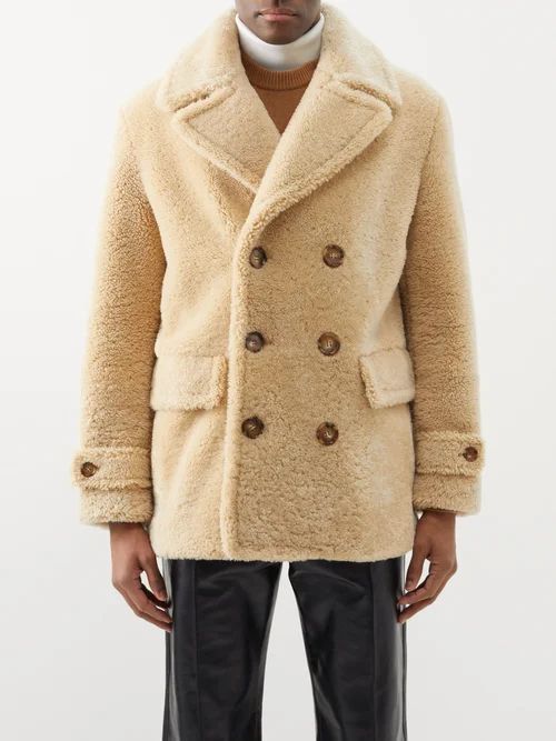 Double-breasted Shearling Peacoat - Mens - Natural