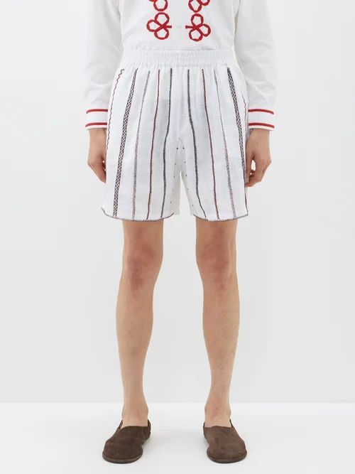 Kutch Embroidered-stripe Linen Shorts - Mens - White Multi