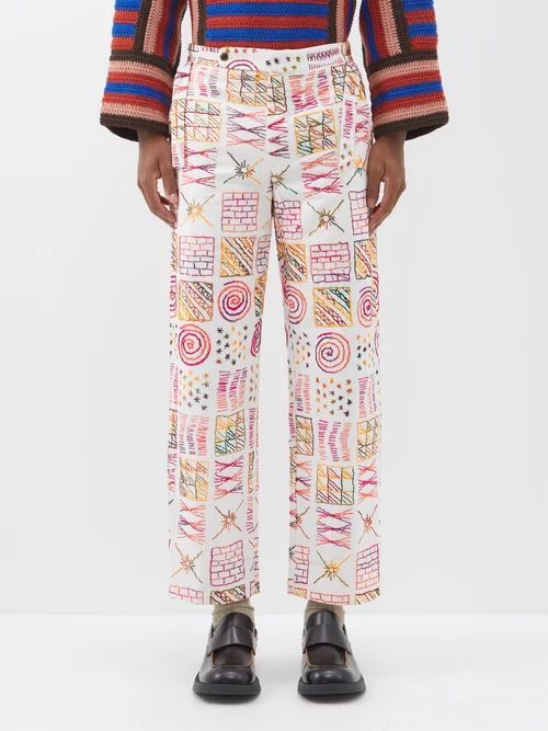Doodle Stitch Embroidered Cotton Trousers - Mens - Multi