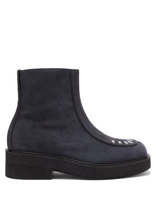 Jonny Leather-piped Suede Boots - Mens - Navy