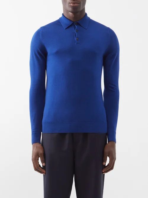 Long-sleeved Merino Polo Shirt - Mens - Dark Blue