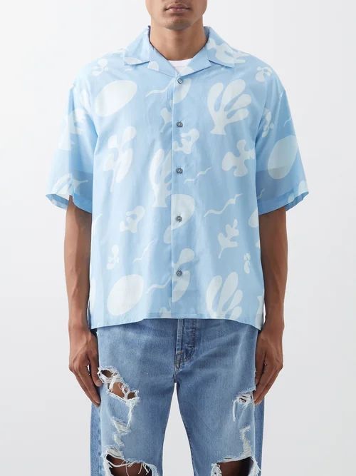 Abstract-print Cotton-blend Short-sleeved Shirt - Mens - Blue
