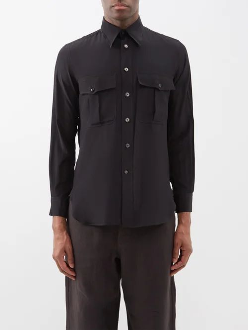 Flap-pocket Silk Crepe De Chine Shirt - Mens - Black