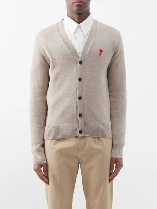 Ami De Caur-logo Wool Cardigan - Mens - Beige