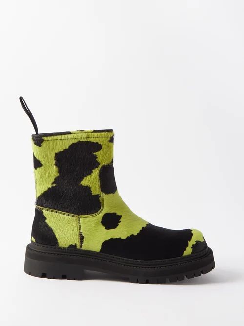 Eki Chunky Cow-print Leather Boots - Mens - Black Green