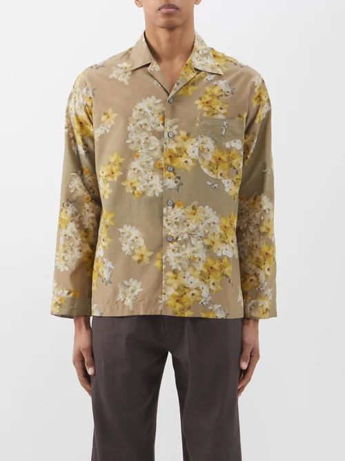 Daffodil-print Cotton-blend Habotai Shirt - Mens - Gold Multi