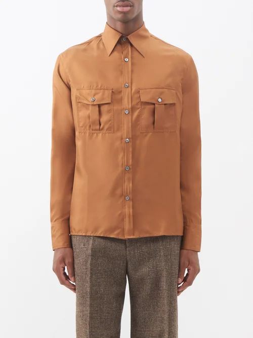 Bellowed-pocket Silk-twill Shirt - Mens - Brown