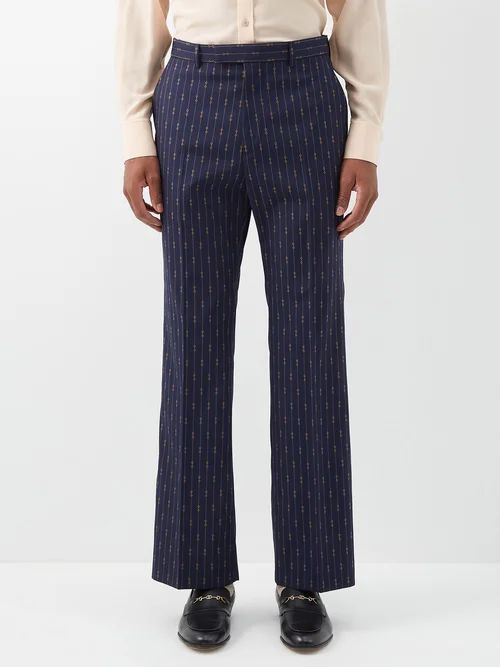 Horsebit-pinstriped Wool-twill Suit Trousers - Mens - Blue Beige