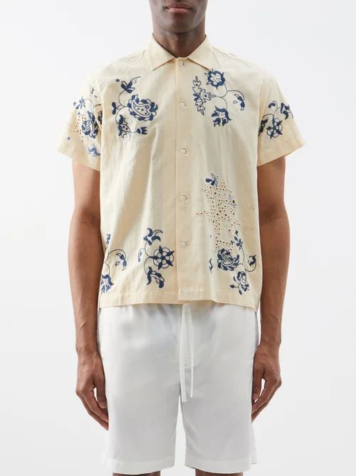 Mended Floral Embroidered Cotton Shirt - Mens - Ecru