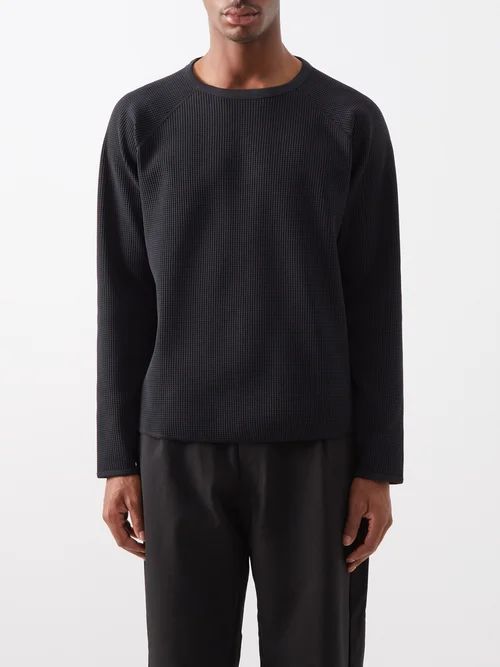 Waffle-knit Thermal Long-sleeved T-shirt - Mens - Black