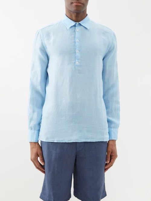 120% Lino - Half-button Linen Shirt - Mens - Light Blue