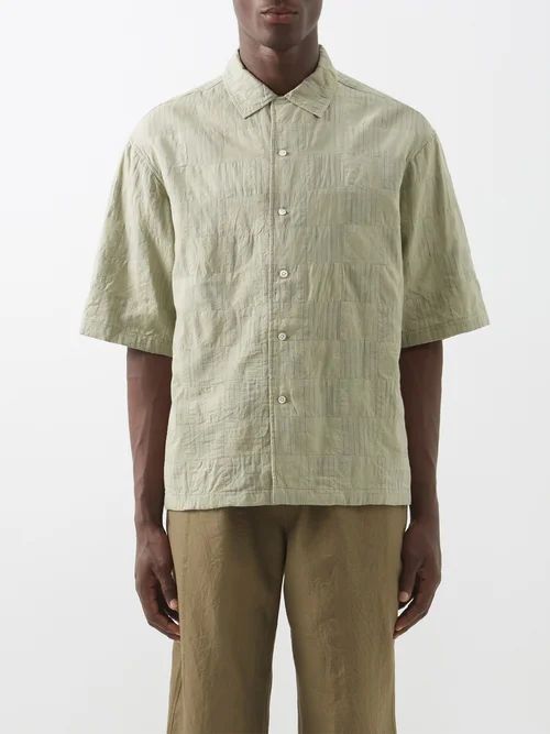 Patchworked Striped-cotton Shirt - Mens - Light Green