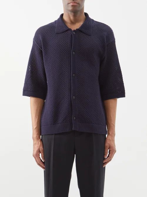 Cotton Crochet-knit Shirt - Mens - Navy