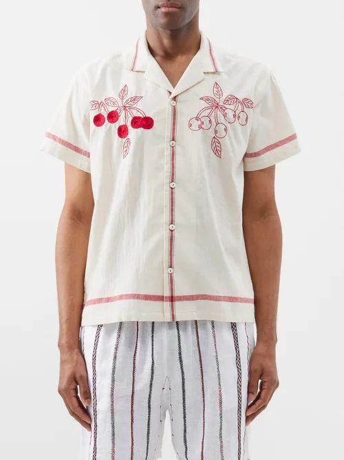 Antique Cherry-embroidered Cotton Shirt - Mens - Cream Multi