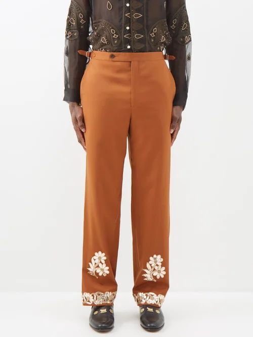 Gilded Floral-appliqué Wool Trousers - Mens - Orange