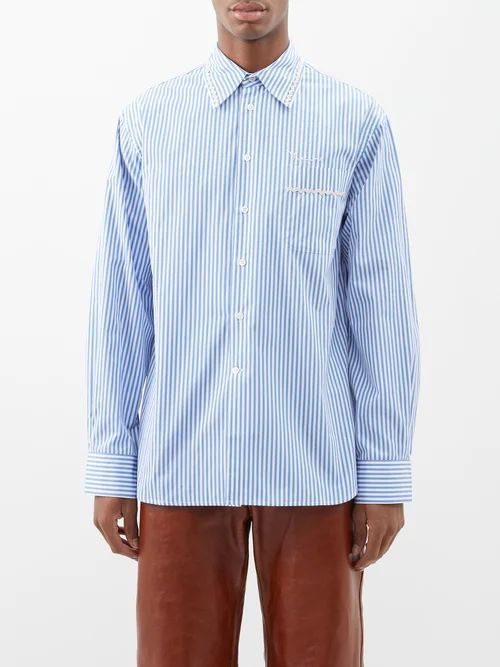 Ric Rac-trim Striped Cotton-poplin Shirt - Mens - Light Blue