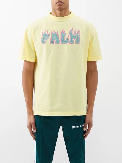 Flame-logo Cotton-jersey T-shirt - Mens - Yellow Multi