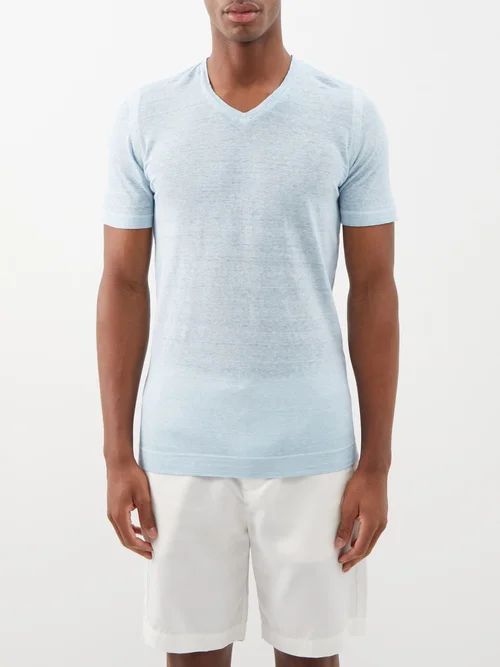 120% Lino - V-neck Linen T-shirt - Mens - Light Blue