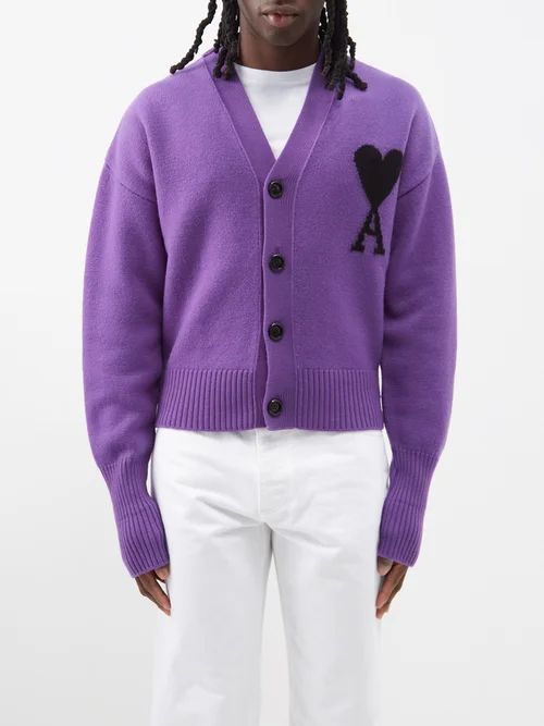 Ami De Caur-embroidered Wool Cardigan - Mens - Purple
