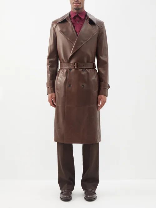 Double-breasted Belted Leather Trench Coat - Mens - Brown