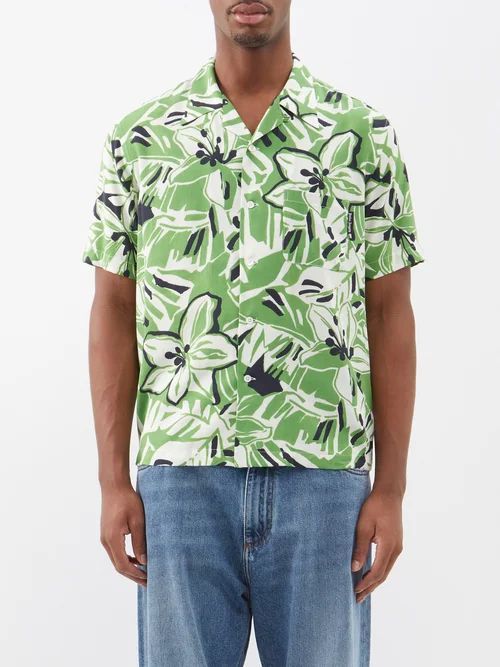 Hibiscus-print Bowling Shirt - Mens - Green White