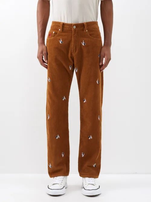 Embroidered Cotton-corduroy Trousers - Mens - Brown