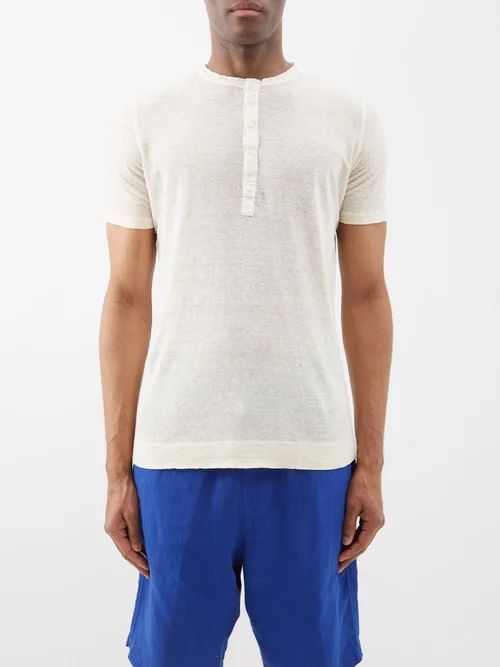 120% Lino - Short-sleeved Linen Henley Top - Mens - Natural