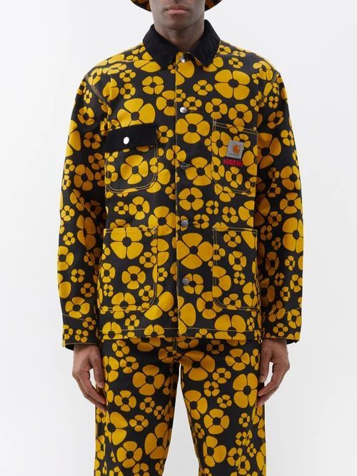 X Carhartt Wip Floral-print Canvas Overshirt - Mens - Black Yellow