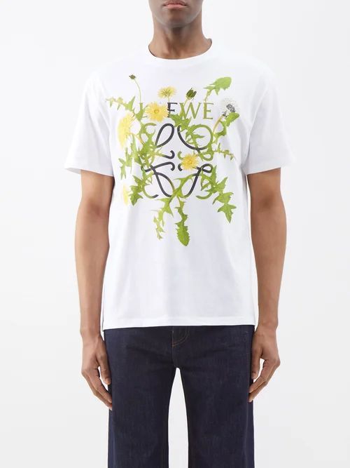 Floral Anagram-print Embroidered Cotton T-shirt - Mens - White
