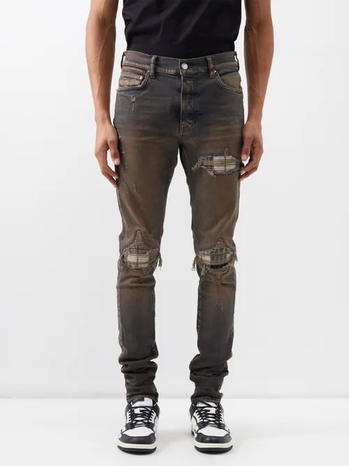Mx1 Plaid-panel Distressed Slim-leg Jeans - Mens - Dark Indigo