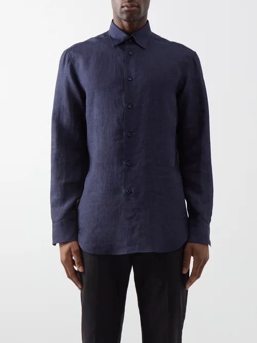 Point-collar Linen Shirt - Mens - Dark Blue