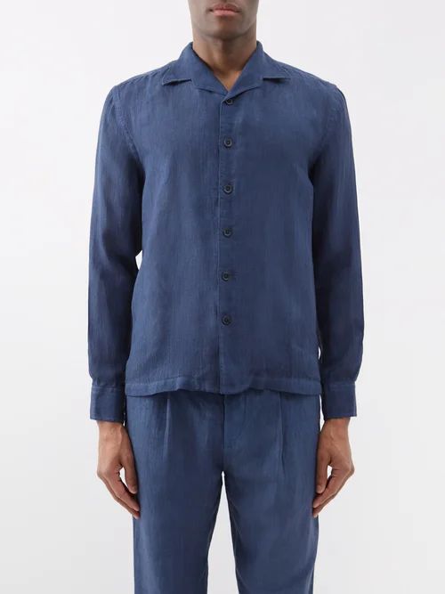 120% Lino - Cuban-collar Linen Shirt - Mens - Navy