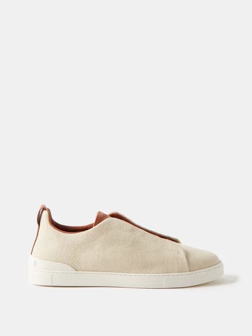 Triple Stitch Canvas And Leather Trainers - Mens - Beige