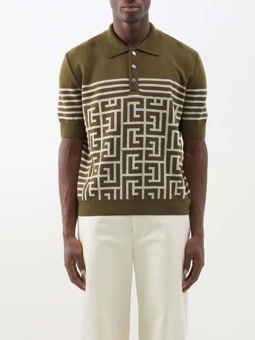 Monogram And Stripes Wool-blend Polo Shirt - Mens - Khaki Cream