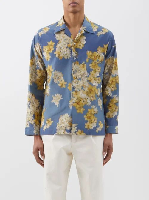 Daffodil-print Cotton-blend Habotai Shirt - Mens - Blue Multi