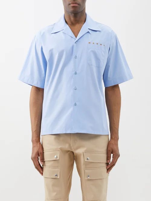 Logo-print Cotton-poplin Bowling Shirt - Mens - Light Blue