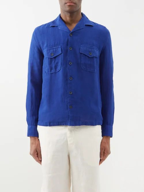 120% Lino - Cuban-collar Flap-pocket Linen Shirt - Mens - Navy