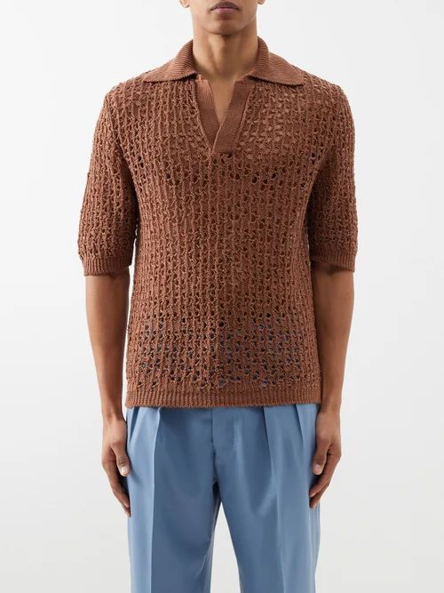 Alain Open-work Linen Polo Shirt - Mens - Brown