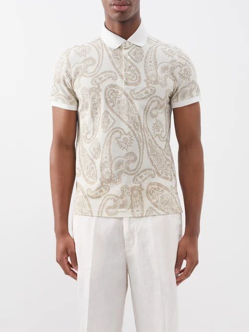 Paisley-print Cotton Polo Shirt - Mens - Beige Multi